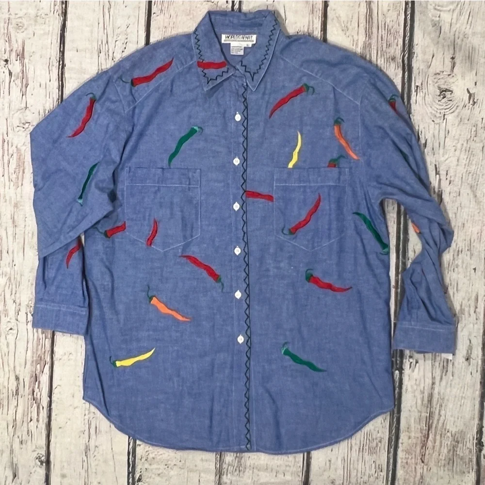 Chili Peppers VTG 1980s Womens Blue Denim Button Up Long Sleeve Shirt